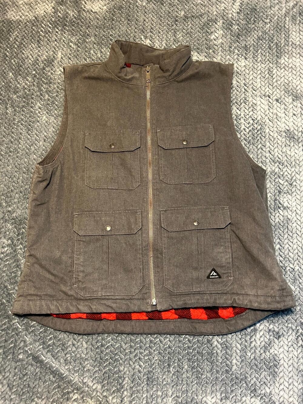 Ridgecut Toughwear Workwear Vest Mens 2XL Gray Plaid Lined Flap Pockets Full Zip
